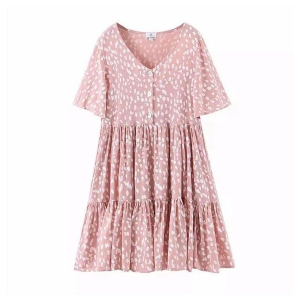 Dalmatian Dots Tiered Boho Print Dress Pink